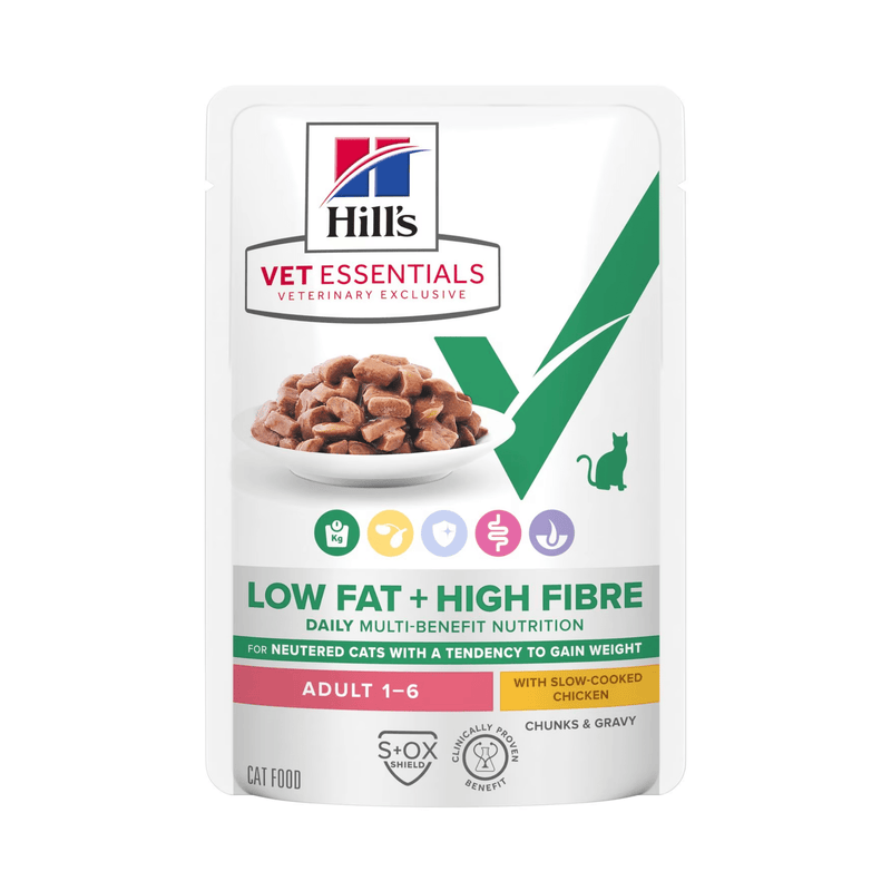 Hills Vet Essentials wet cat food packaged in a white pouch with a picture of the food on the bag. Text on bag says 'Hill's Vet Essentials, veterinary exclusive' and 'Low Fat + High Fibre, Adult 1-6' with text 'Slow-Cooked Chicken' beneath on white background.