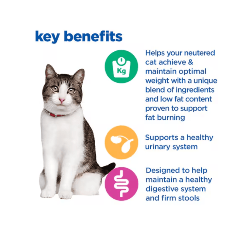 Picture of an adult tabby and white cat pictured next to a section with blue text stating 'Key Benefits, Helps your neutered cat achieve & maintain optimal weight with a unique blend of ingredients and low fat content proven to fat burning, Supports a healthy urinary system, Designed to help maintain a healthy digestive system and firm stools.'