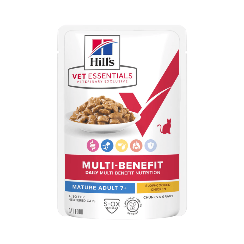 Single wet cat food pouch with a bowl of wet cat food pictured on the packet, text on pouch says 'Mature Adult 7+' and 'Slow-cooked Chicken' below is a picture of the wet food. 