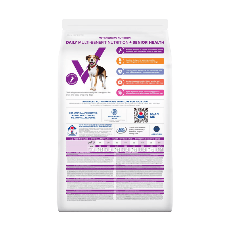 Back view of bag of Hills Veterinary Essentials Medium & Large mature adult dog +Senior Health dry food packaged in a white bag on white background.