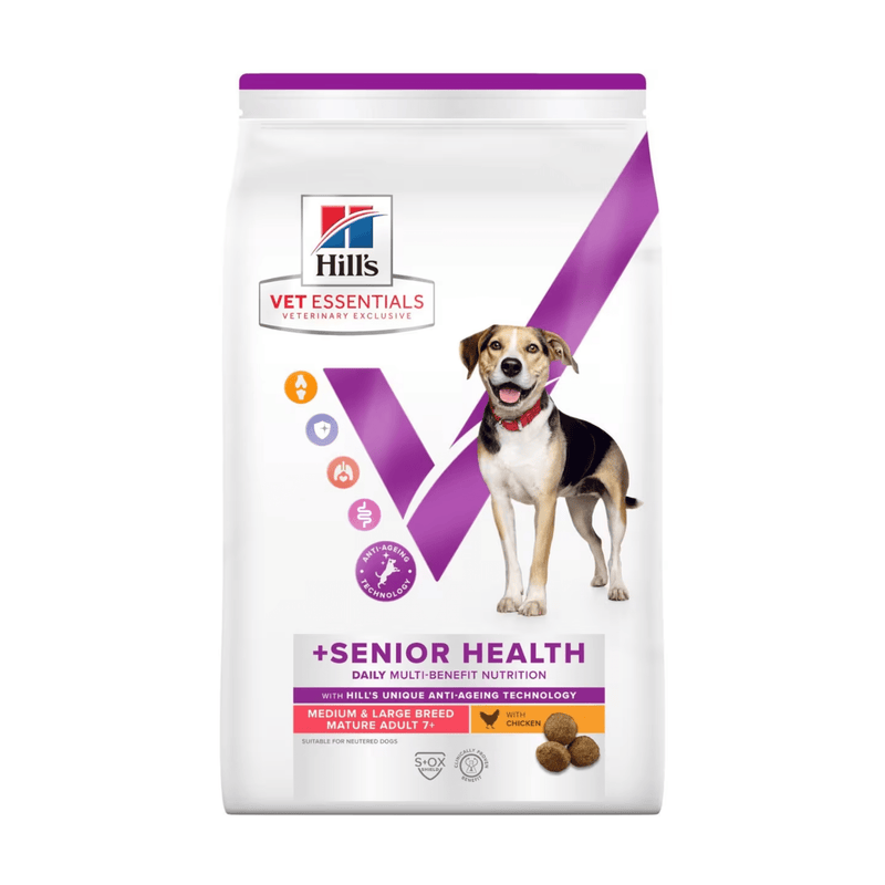 Hills Vet Essentials dry dog food packaged in a white bag with an large adult brown, black and white dog pictured on the bag. Text on bag says 'Hill's Vet Essentials, veterinary exclusive' and '+Senior Health, Medium & Large Breed, Mature Adult 7+' with a chicken pictured with text 'with Chicken' beneath on white background. 