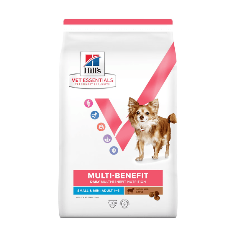 Hills Vet Essentials dry dog food packaged in a white bag with a small adult brown and white dog pictured on the bag. Text on bag says 'Hill's Vet Essentials, veterinary exclusive' and 'Multi-Benefit, Small & Mini, Adult 1 -6' with a sheep pictured with text 'with Lamb & Rice' beneath on white background. 