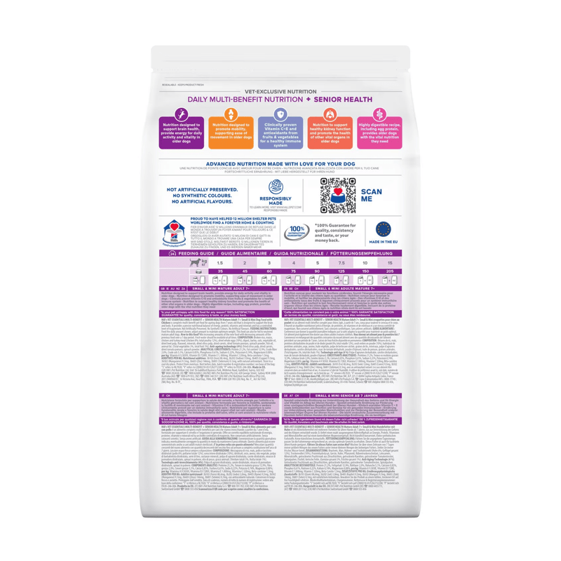 Back view of bag of Hills Veterinary Essentials small mature adult dog +Senior Health dry food packaged in a white bag on white background.