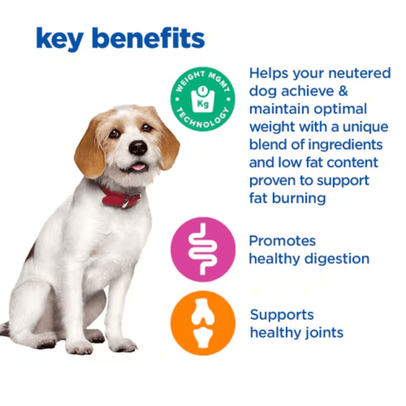 Picture of an adult brown and white dog pictured next to a section with blue text stating 'Key Benefits, Helps your neutered dog achieve & maintain optimal weight with a unique blend of ingredients and low fat content proven to fat burning, Promotes healthy digestion, Supports healthy joints.'