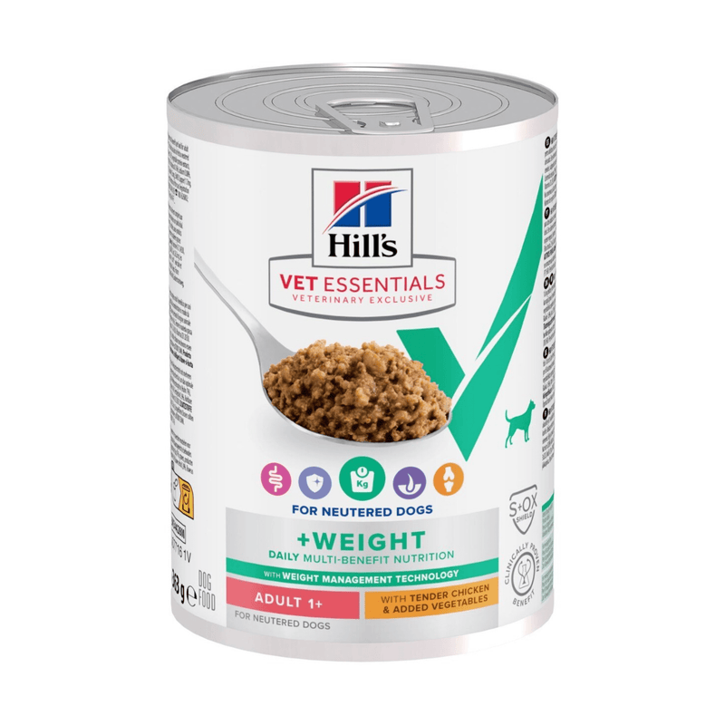 Hills Vet Essentials dog tin with a spoon full of food pictured on the label, text reads 'Multi-Benefit, Adult 1+year' and 'Tender Chicken & added Vegetables' on a white background. 