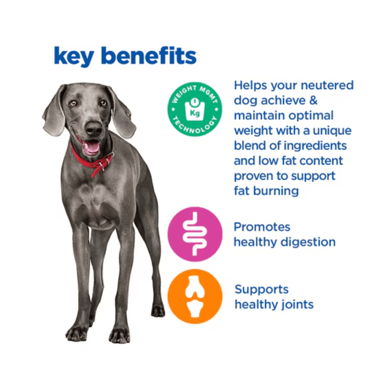 Picture of a Large adult grey dog pictured next to a section with blue text stating 'Key Benefits, Helps your neutered dog achieve & maintain optimal weight with a unique blend of ingredients and low fat content proven to fat burning, Promotes healthy digestion, Supports healthy joints.'