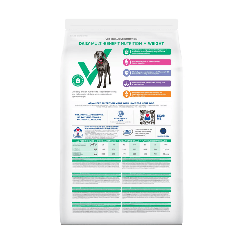 Back view of bag of Hills Veterinary Essentials Large adult dog Weight dry food packaged in a white bag on white background.