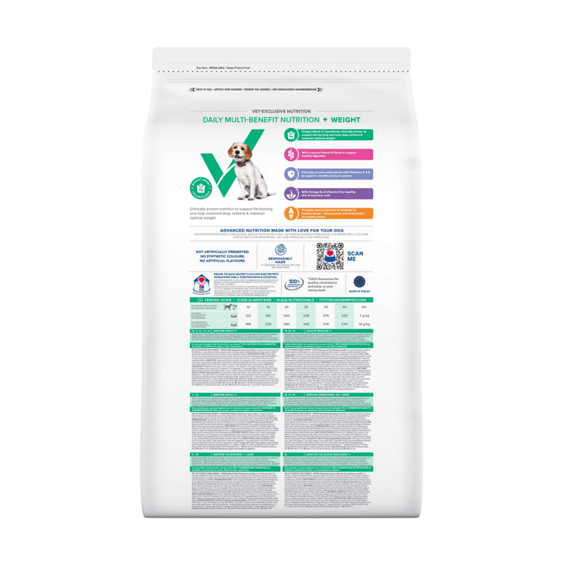 Back view of bag of Hills Veterinary Essentials adult dog Weight dry food packaged in a white bag on white background.