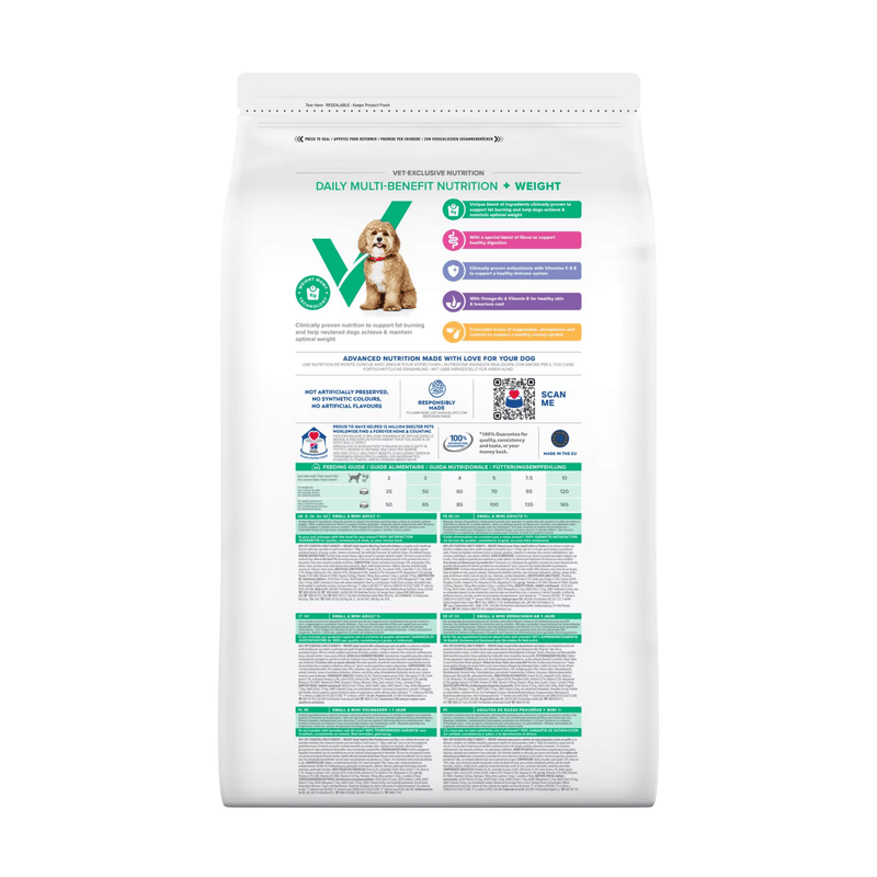 Back view of bag of Hills Veterinary Essentials small adult dog Weight dry food packaged in a white bag on white background.