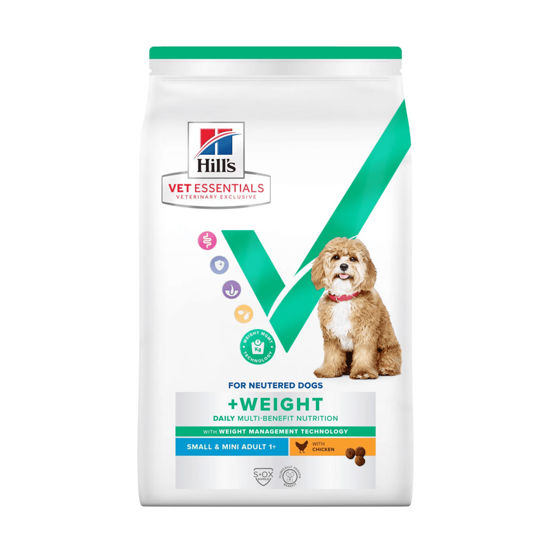 Hills Vet Essentials dry dog food packaged in a white bag with an small adult brown and white dog pictured on the bag. Text on bag says 'Hill's Vet Essentials, veterinary exclusive' and '+Weight, Small & Mini, Adult 1+' with a chicken pictured with text 'with Chicken' beneath on white background. 