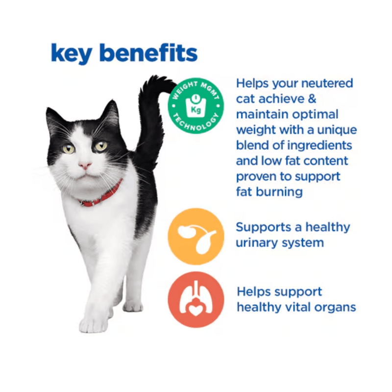 Picture of an adult black and white cat pictured next to a section with blue text stating 'Key Benefits, Helps your neutered cat achieve & maintain optimal weight with a unique blend of ingredients and low fat content proven to fat burning, Supports a healthy urinary system, Helps support healthy vital organs'.