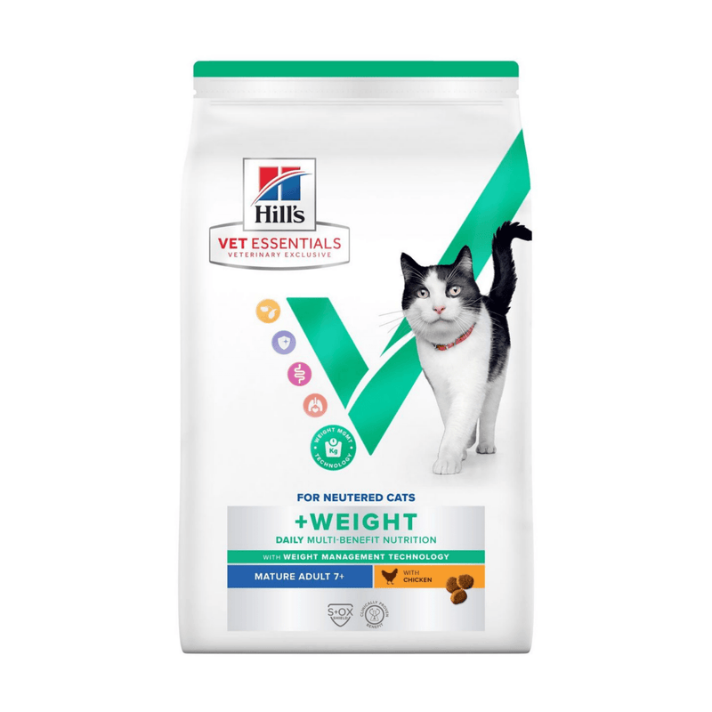 Hills Vet Essentials dry cat food packaged in a white bag with an adult black and white cat pictured on the bag. Text on bag says 'Hill's Vet Essentials, veterinary exclusive' and '+Weight, Mature Adult, 7+ years' with a chicken pictured with text 'with Chicken' beneath on white background. 