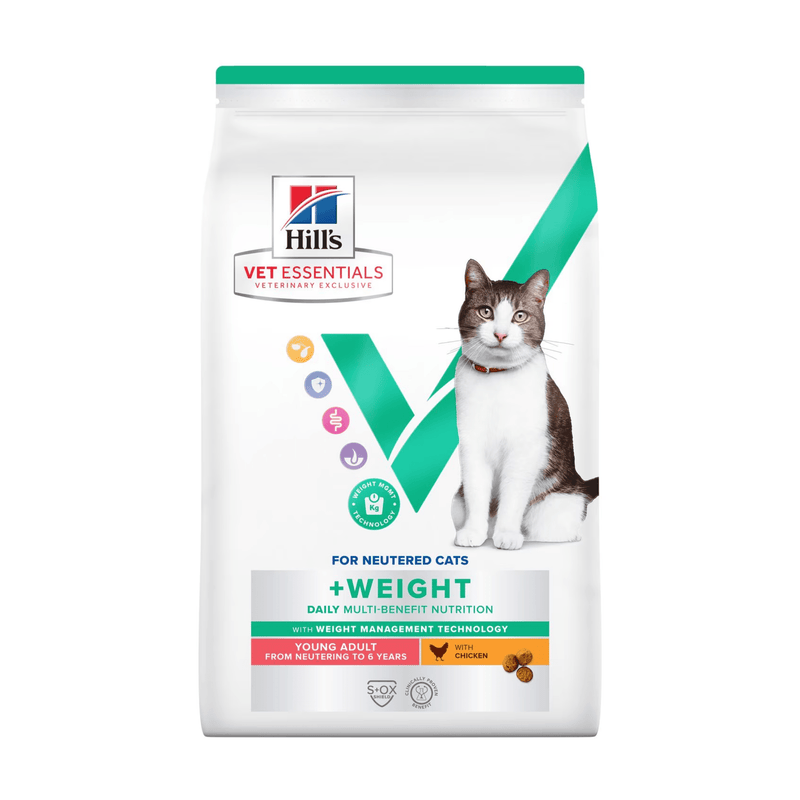 Hills Vet Essentials dry cat food packaged in a white bag with an adult tabby and white cat pictured on the bag. Text on bag says 'Hill's Vet Essentials, veterinary exclusive' and '+Weight, Young Adult, from neutering to 6 years' with a chicken pictured with text 'with Chicken' beneath on white background. 