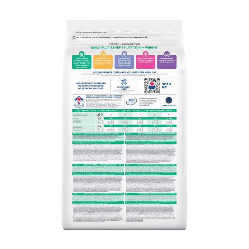 Back view of bag of Hills Veterinary Essentials adult cat +weight dry food packaged in a white bag on white background.