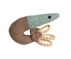A House of Paws eco friendly plush cat toy shaped like a prawn, featuring a textured brown fabric body, a sage green fabric head, a small black button eye, and four braided natural jute rope tentacles, shown on a plain white background.