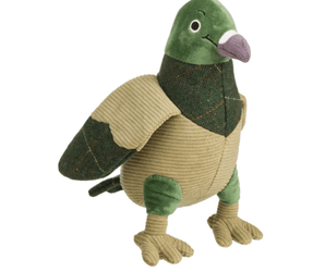 A House of Paws plush pigeon toy made from textured fabrics, featuring a green head and legs, a beige corduroy body, and a dark green tweed neck and wing details, set against a plain white background.