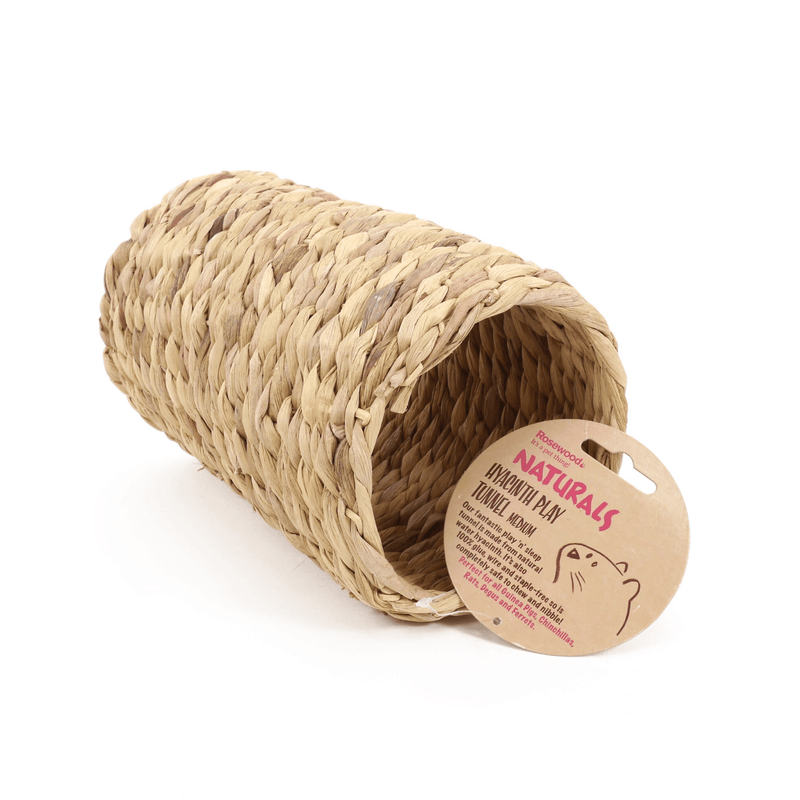 Woven cylinder medium sized tunnel with brown tag with text 'Rosewood Naturals Hyacinth Play Tunnel Medium' pictured on a white background. 