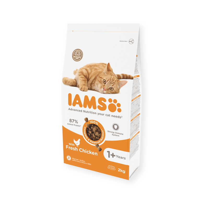 IAMS Dry Adult Cat Food Fresh Chicken 2kg angled on white background