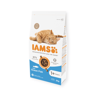 IAMS Dry Adult Cat Food Ocean Fish 2kg angled on white background