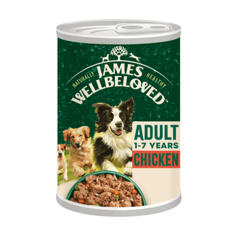 White background with a tin of James Wellbeloved Adult Dog Chicken flavoured wet food. The tin is green and cream with 3 puppies pictured, with text 'Adult 1-7 years, Chicken'. 