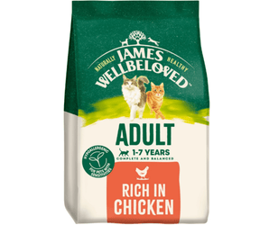 White background with a bag of James Wellbeloved Chicken Cat Food. Packaging is green and cream with 2 cats pictured, with text 'Adult, 1-7years, Rich in Chicken'. 