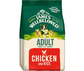 White background with a bag of James Wellbeloved Chicken & Rice Dog Food. Packaging is green and cream with 3 dogs pictured, with text 'Adult, Dog 1-7years, Chicken and Rice'. 