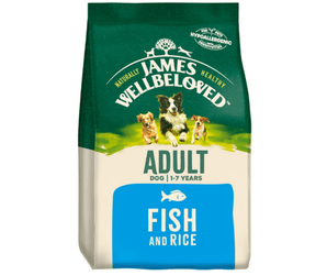 White background with a bag of James Wellbeloved Fish & Rice Dog Food. Packaging is green and cream with 3 dogs pictured, with text 'Adult, Dog 1-7years, Fish and Rice'. 