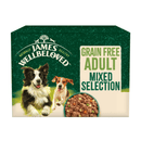 White background with a Grain Free multipack box of James Wellbeloved Mixed Adult Wet Food. The tin is green and cream with 2 dogs pictured, with text 'Grain Free Adult, Mixed Selection'. 