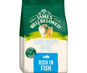 White background with a bag of James Wellbeloved Light Fish Cat Food. Packaging is green and cream with 2 cats pictured, with text 'Light Recipe Adult, 1-7years, Rich in Fish'. 