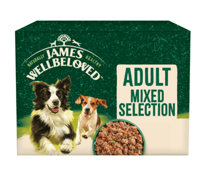 White background with a multipack box of James Wellbeloved Mixed Adult Wet Food. The tin is green and cream with 2 dogs pictured, with text 'Adult, Mixed Selection'. 