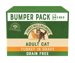 White background with a box of James Wellbeloved Turkey Adult Wet Food. The tin is green and cream with 2 cats pictured, with text BUMPER PACK 24X85G, Adult Cat, Turkey in Gravy and Grain Free'.  