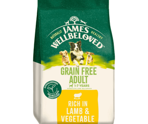 White background with a bag of James Wellbeloved Grain Free Lamb & Vegetable Dog Food. Packaging is green and cream with 3 dogs pictured, with text 'Grain Free Adult, Dog 1-7 years, Rich in Lamb and Vegetables'. 