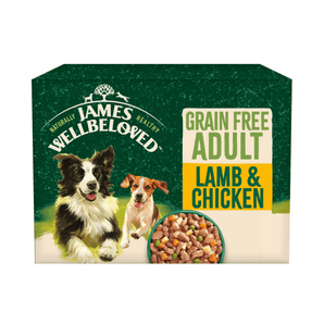 White background with a box of James Wellbeloved Grain Free Lamb and Chicken Dog Wet Food. The box is green and cream with 2 adult dogs pictured on the box.