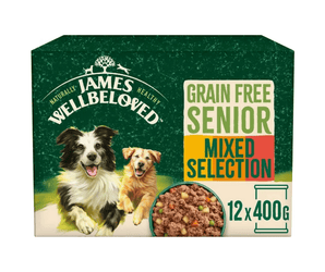 White background with a box of James Wellbeloved Mixed Selection Loaf Tins of Senior Dog Wet Food. The box is green and cream with 2 adult dogs pictured on the box.