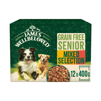 White background with a box of James Wellbeloved Mixed Selection Loaf Tins of Senior Dog Wet Food. The box is green and cream with 2 adult dogs pictured on the box.