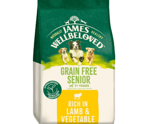 White background with a bag of James Wellbeloved Grain Free Lamb & Vegetable Senior Dog Food. Packaging is green and cream with 3 dogs pictured, with text 'Grain Free Senior, Dog 7+ years, Rich in Lamb and Vegetables'. 