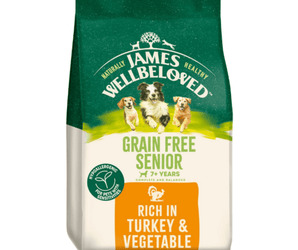 White background with a bag of James Wellbeloved Grain Free Turkey & Vegetable Senior Dog Food. Packaging is green and cream with 3 dogs pictured, with text 'Grain Free Senior, Dog 7+ years, Rich in Turkey and Vegetables'. 