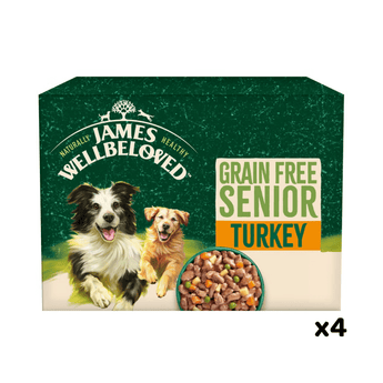White background with a box of James Wellbeloved Grain Free Turkey Senior Dog Wet Food. The box is green and cream with 2 adult dogs pictured on the box.