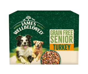 White background with a box of James Wellbeloved Grain Free Turkey Senior Dog Wet Food. The box is green and cream with 2 adult dogs pictured on the box.