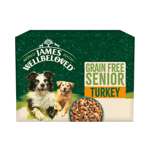 White background with a box of James Wellbeloved Grain Free Turkey Senior Dog Wet Food. The box is green and cream with 2 adult dogs pictured on the box.