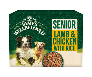 White background with a box of James Wellbeloved Lamb & Chicken with Rice Senior Dog Wet Food. The box is green and cream with 2 adult dogs pictured on the box.