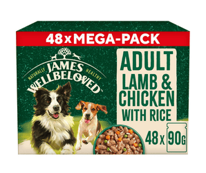 White background with a mega box of James Wellbeloved Lamb and Chicken with Rice and vegetables Dog Wet Food. The box is green and cream with 2 adult dogs pictured on the box.