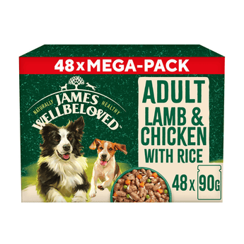 White background with a mega box of James Wellbeloved Lamb and Chicken with Rice and vegetables Dog Wet Food. The box is green and cream with 2 adult dogs pictured on the box.