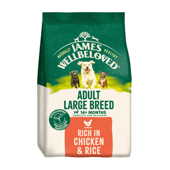 White background with a bag of James Wellbeloved Chicken & Rice Dog Food. Packaging is green and cream with 3 dogs pictured, with text 'Adult Large Breed, Dog 14+ months, Chicken and Rice'. 