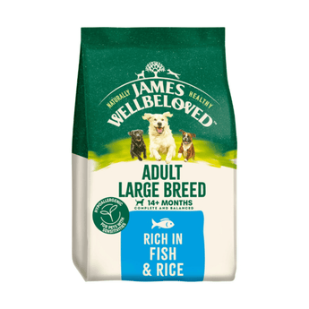 White background with a bag of James Wellbeloved Large Breed Fish & Rice Dog Food. Packaging is green and cream with large breed 3 dogs pictured, with text 'Adult Large Breed, Dog 14+ months, Rich in Fish and Rice'. 