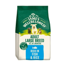 White background with a bag of James Wellbeloved Large Breed Fish & Rice Dog Food. Packaging is green and cream with large breed 3 dogs pictured, with text 'Adult Large Breed, Dog 14+ months, Rich in Fish and Rice'. 