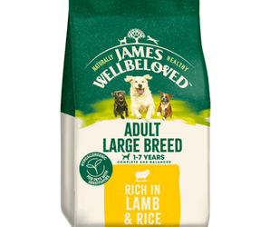 White background with a bag of James Wellbeloved Large Breed Lamb & Rice Dog Food. Packaging is green and cream with large breed 3 dogs pictured, with text 'Adult Large Breed, Dog 14+ months, Rich in Lamb and Rice'. 