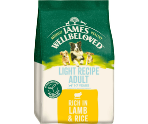 White background with a bag of James Wellbeloved Light Lamb & Rice Dog Food. Packaging is green and cream with 3 dogs pictured, with text 'Light Recipe Adult, 1-7years, Rich in Lamb & Rice'. 