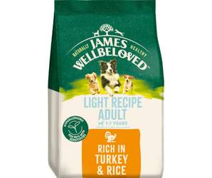 White background with a bag of James Wellbeloved Light Turkey & Rice Dog Food. Packaging is green and cream with 3 dogs pictured, with text 'Light Recipe Adult, 1-7years, Rich in Turkey and Rice'. 