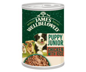 White background with a tin of James Wellbeloved Chicken, rice and vegetable puppy/Junior Food. The tin is green and cream with 3 puppies pictured, with text 'Puppy/Junior, Chicken with Rice'. 